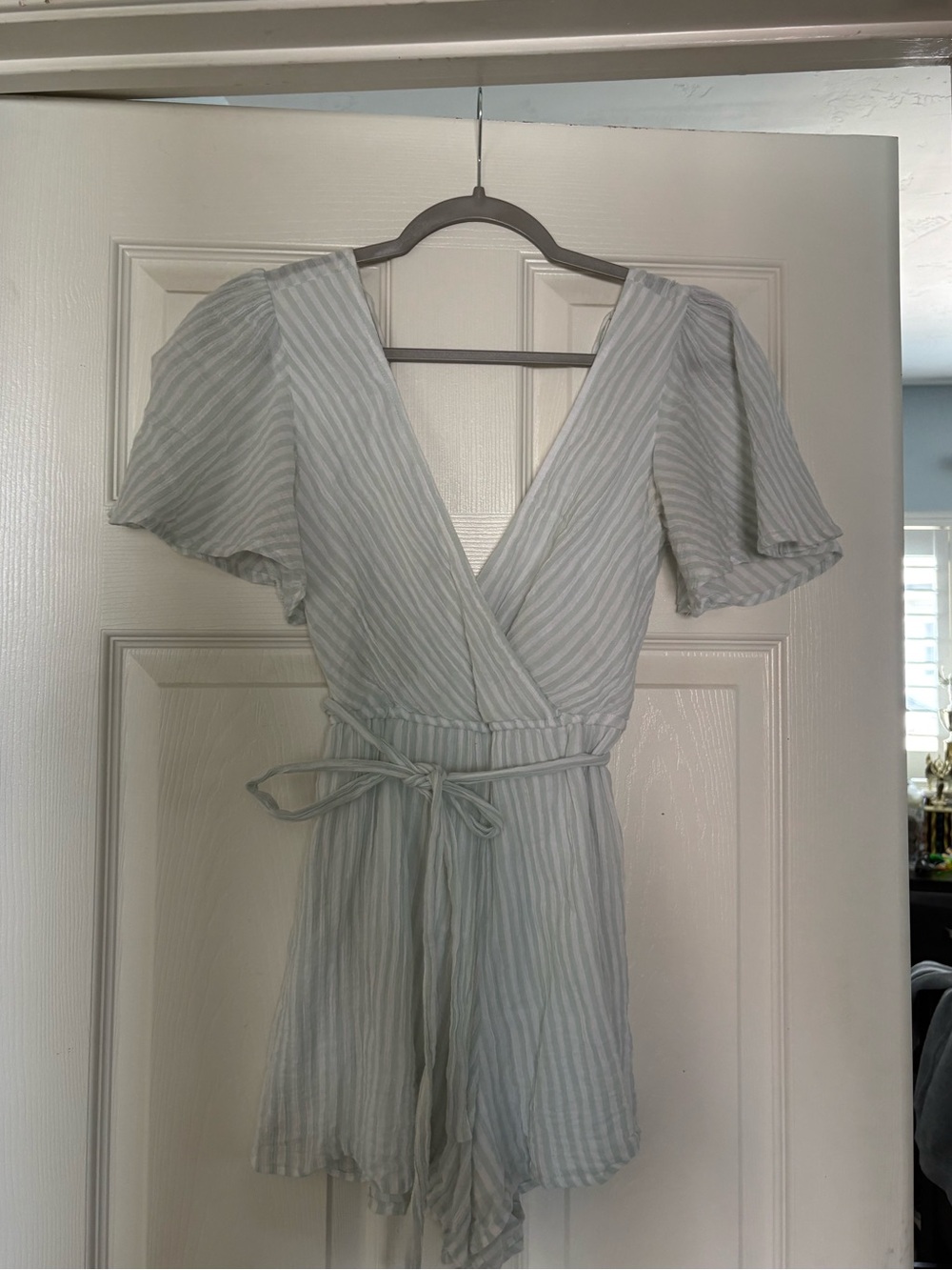 Striped Wrap Front White and Green Vneck Summer Romper